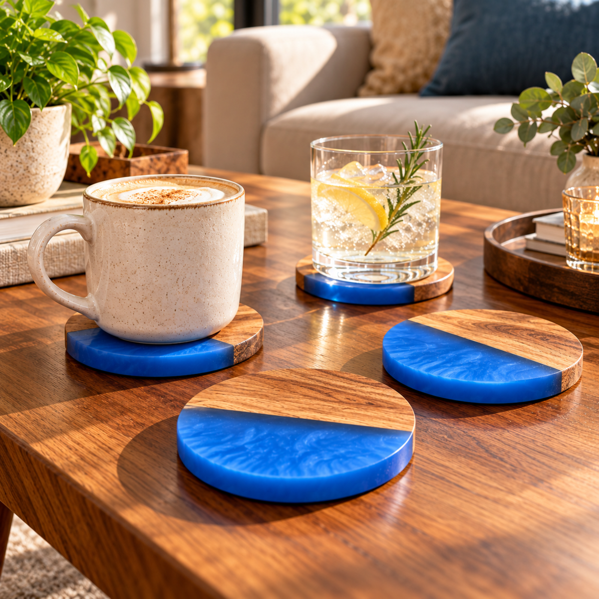 Handcrafted Resin & Acacia Wood Coaster Set – 4 Inch, Set of 4