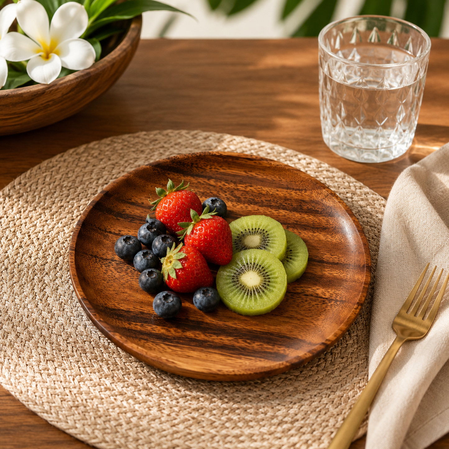 Handcrafted Hawaiian Wooden Dinner Plates - Acacia Wood, Round Wooden Tableware Plate