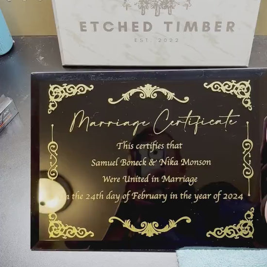 Black Glass Marriage Certificate, Anniversary Gift For Her, Wedding Anniversary Gift For Wife, Wedding Certificate, Marriage License Frame