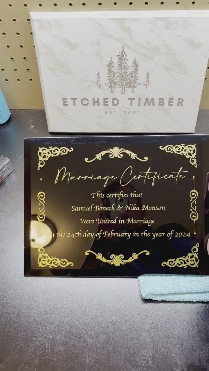 Black Glass Marriage Certificate, Anniversary Gift For Her, Wedding Anniversary Gift For Wife, Wedding Certificate, Marriage License Frame