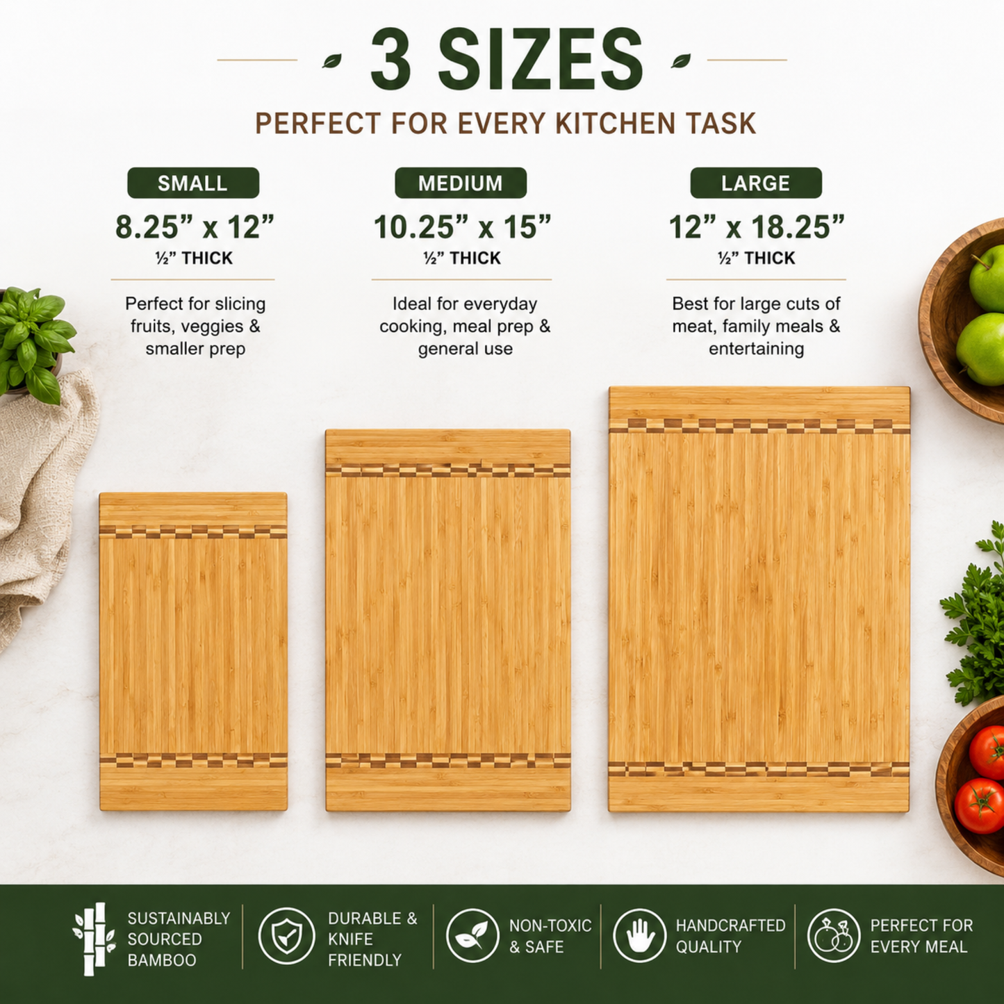 Sustainable Bamboo Butcher Block Cutting Board – 3 Sizes Available