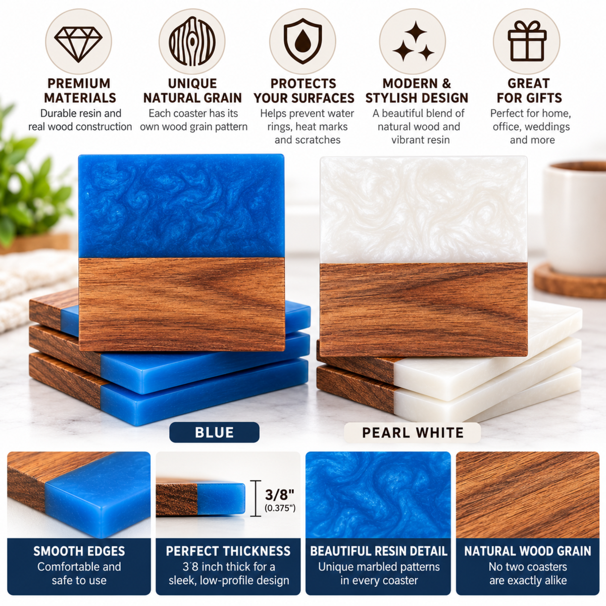 Handcrafted Resin & Acacia Wood Coaster Set – 4 Inch, Set of 4