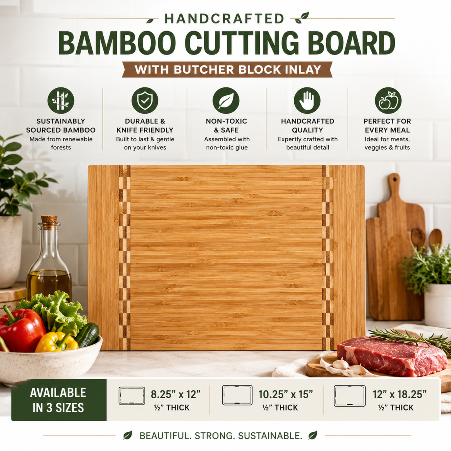 Sustainable Bamboo Butcher Block Cutting Board – 3 Sizes Available
