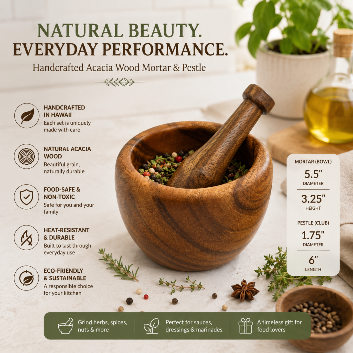 Hawaiian Handcrafted Mortar & Pestle – Acacia Wood Natural Herb & Spice Grinder
