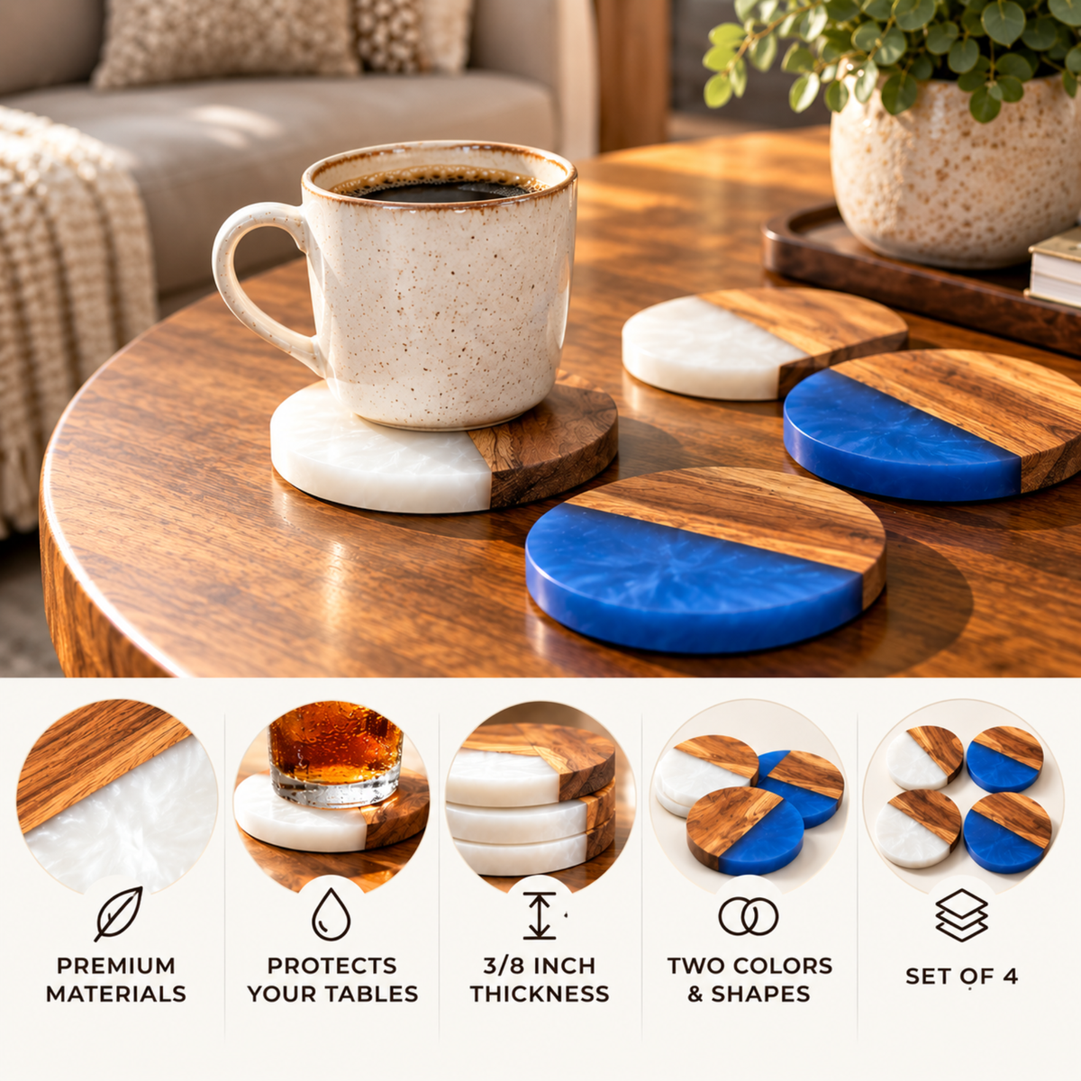 Handcrafted Resin & Acacia Wood Coaster Set – 4 Inch, Set of 4