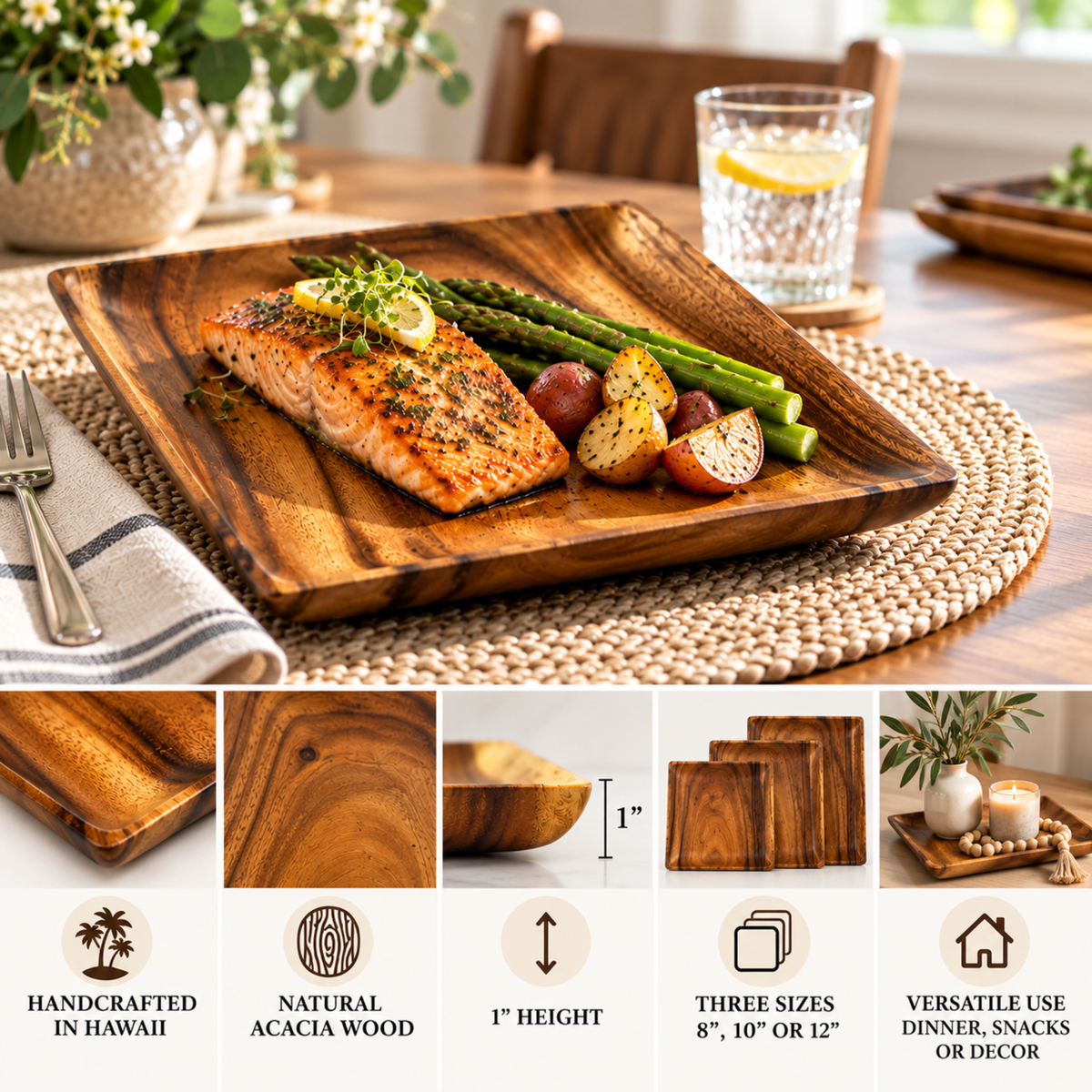 Square Acacia Wood Plates | Handcrafted in Hawaii | 8, 10 & 12 Inch