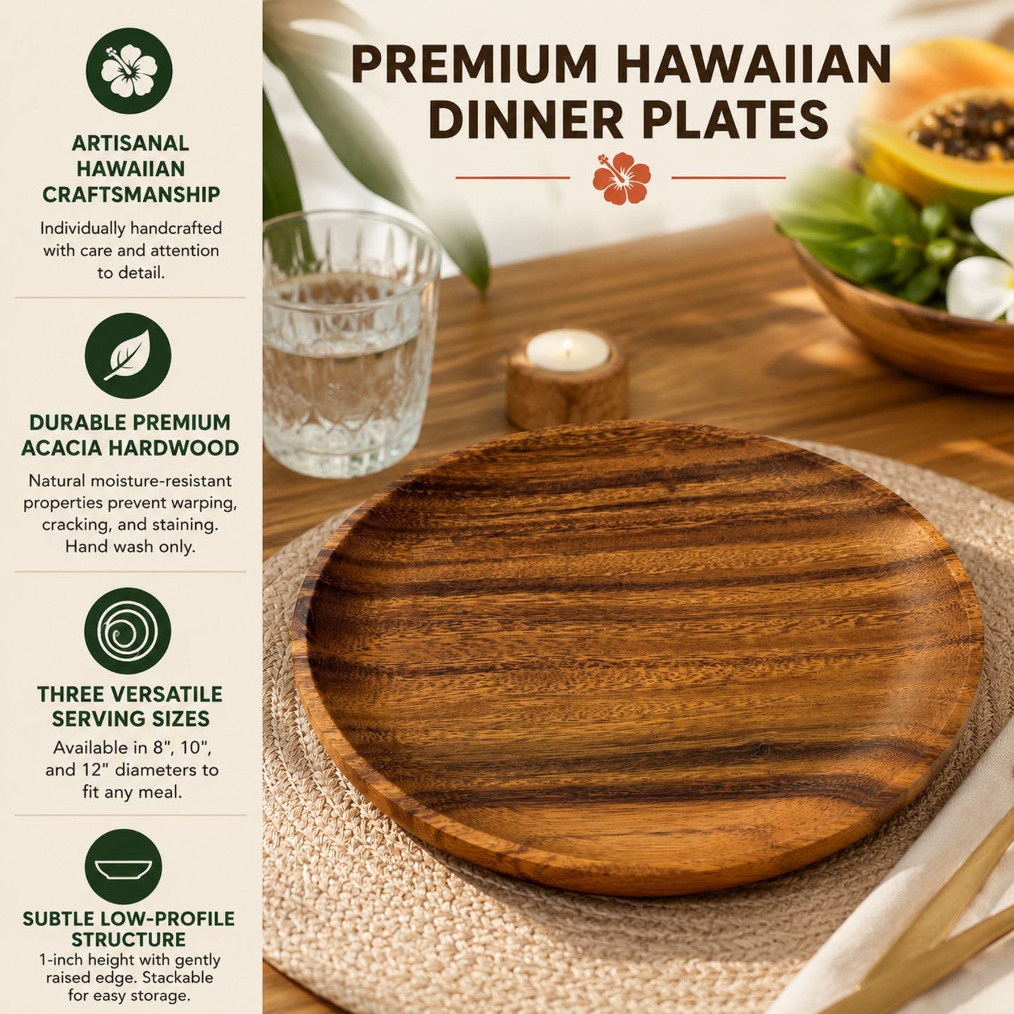 Handcrafted Hawaiian Wooden Dinner Plates - Acacia Wood, Round Wooden Tableware Plate