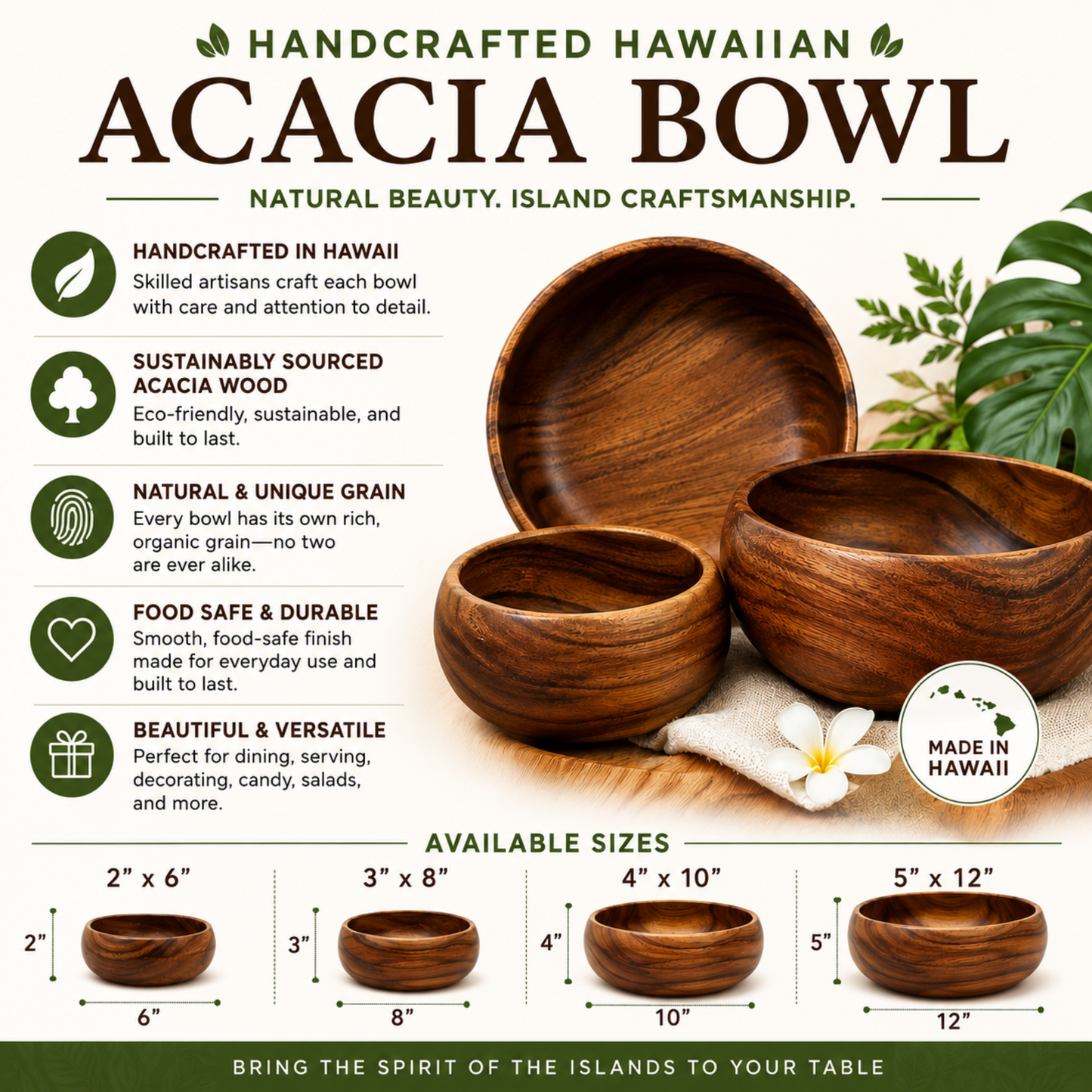 Handcrafted Hawaiian Acacia Wood Bowl – Organic Wooden Salad & Serving Bowl