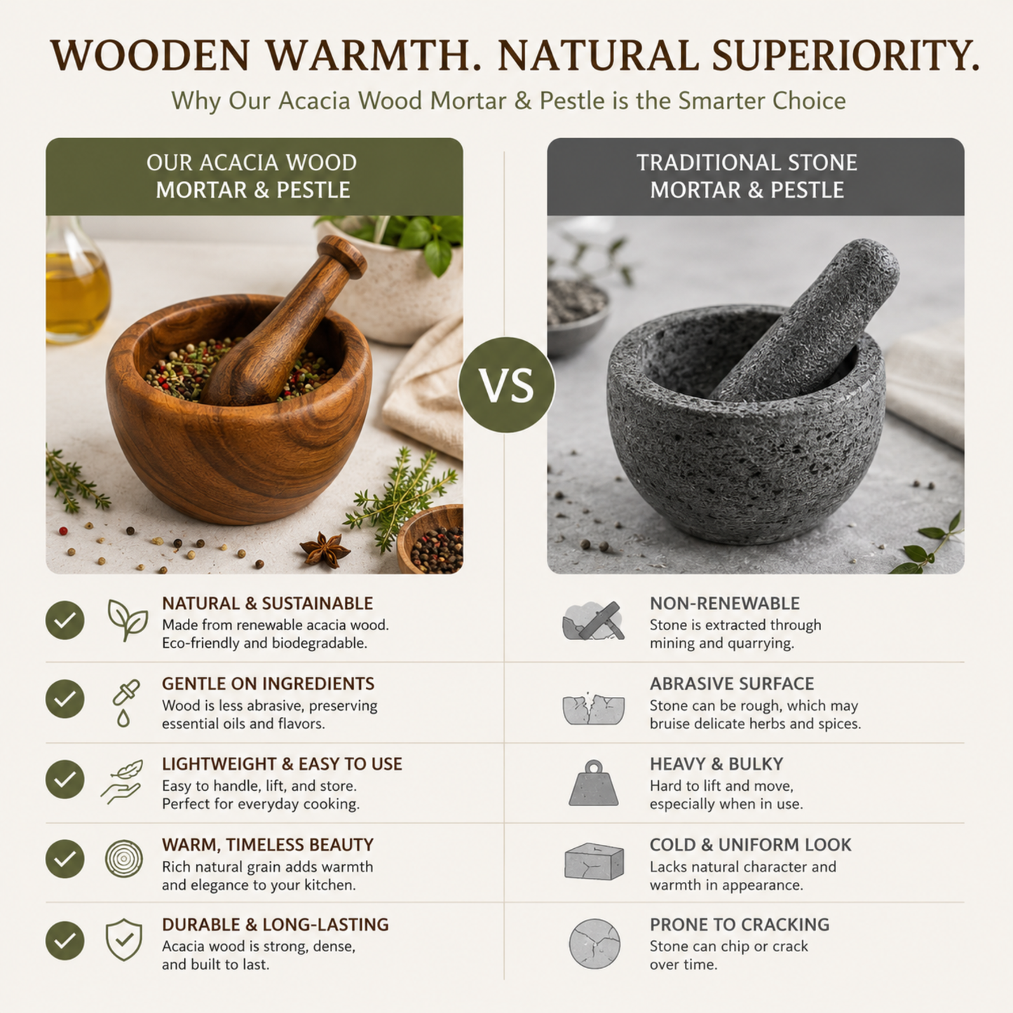 Hawaiian Handcrafted Mortar & Pestle – Acacia Wood Natural Herb & Spice Grinder