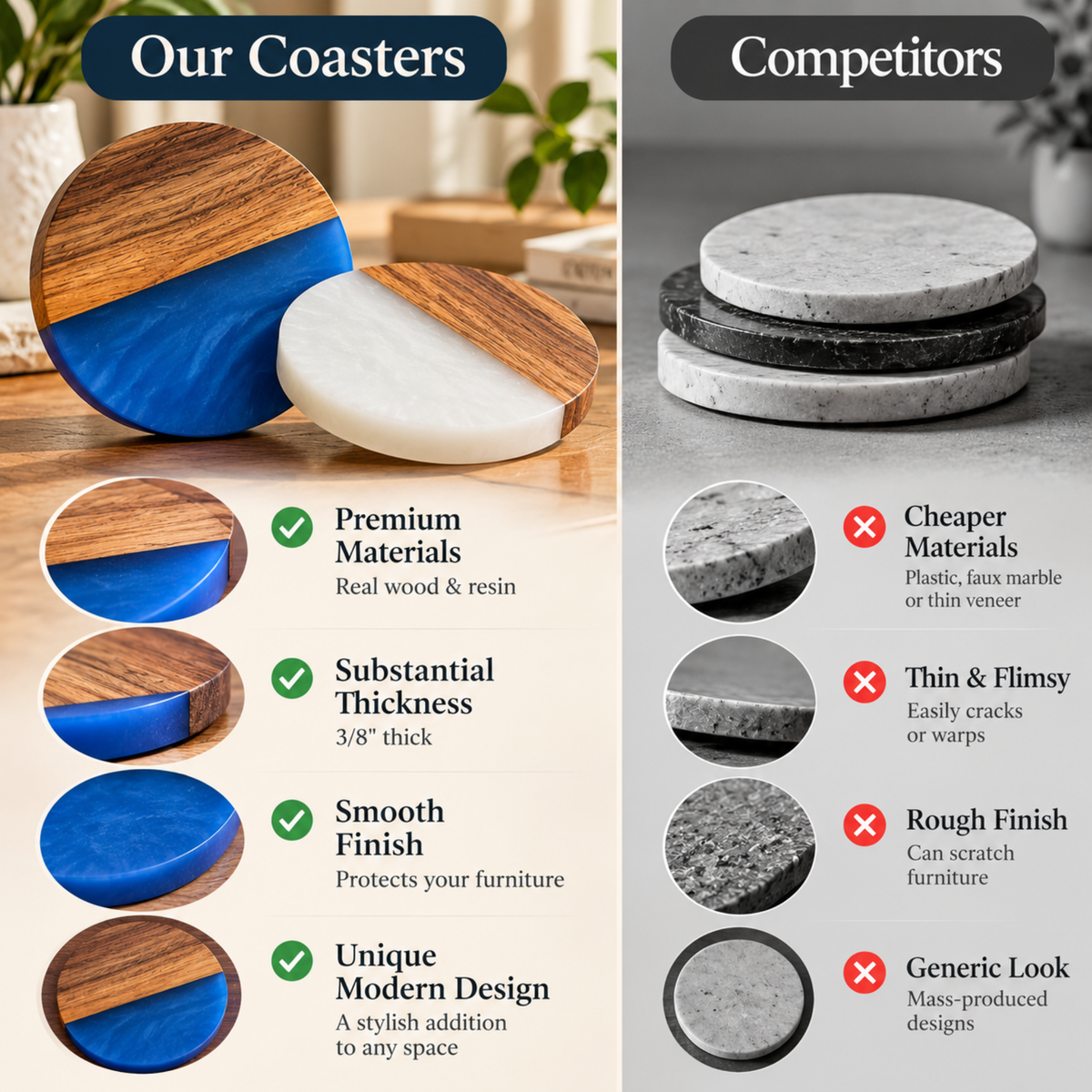 Handcrafted Resin & Acacia Wood Coaster Set – 4 Inch, Set of 4