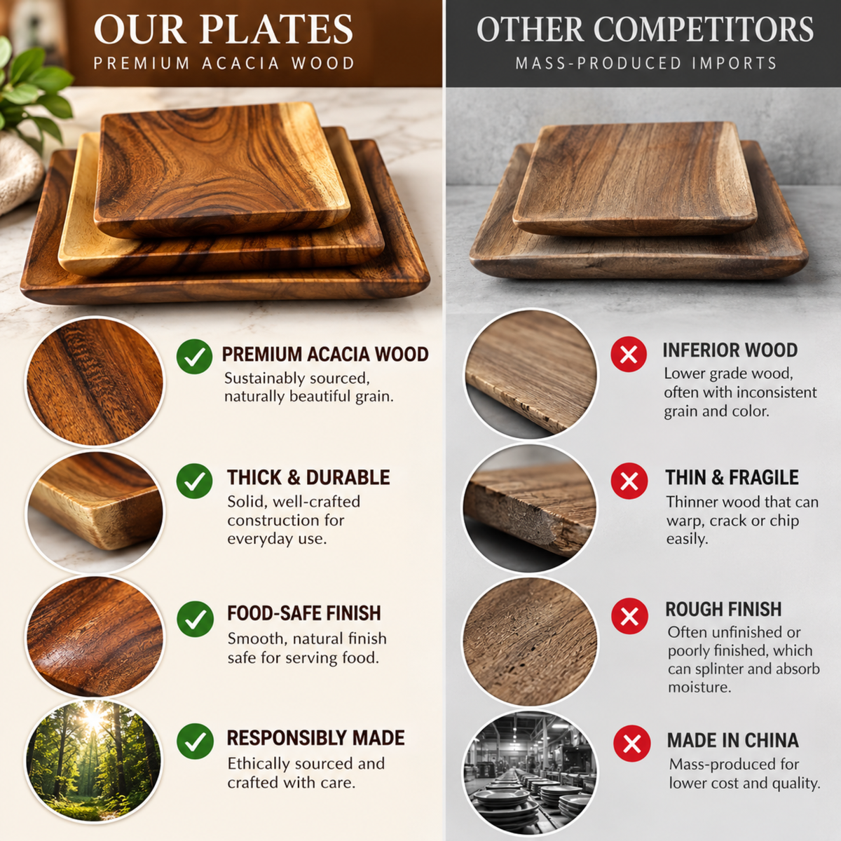 Square Acacia Wood Plates | Handcrafted in Hawaii | 8, 10 & 12 Inch