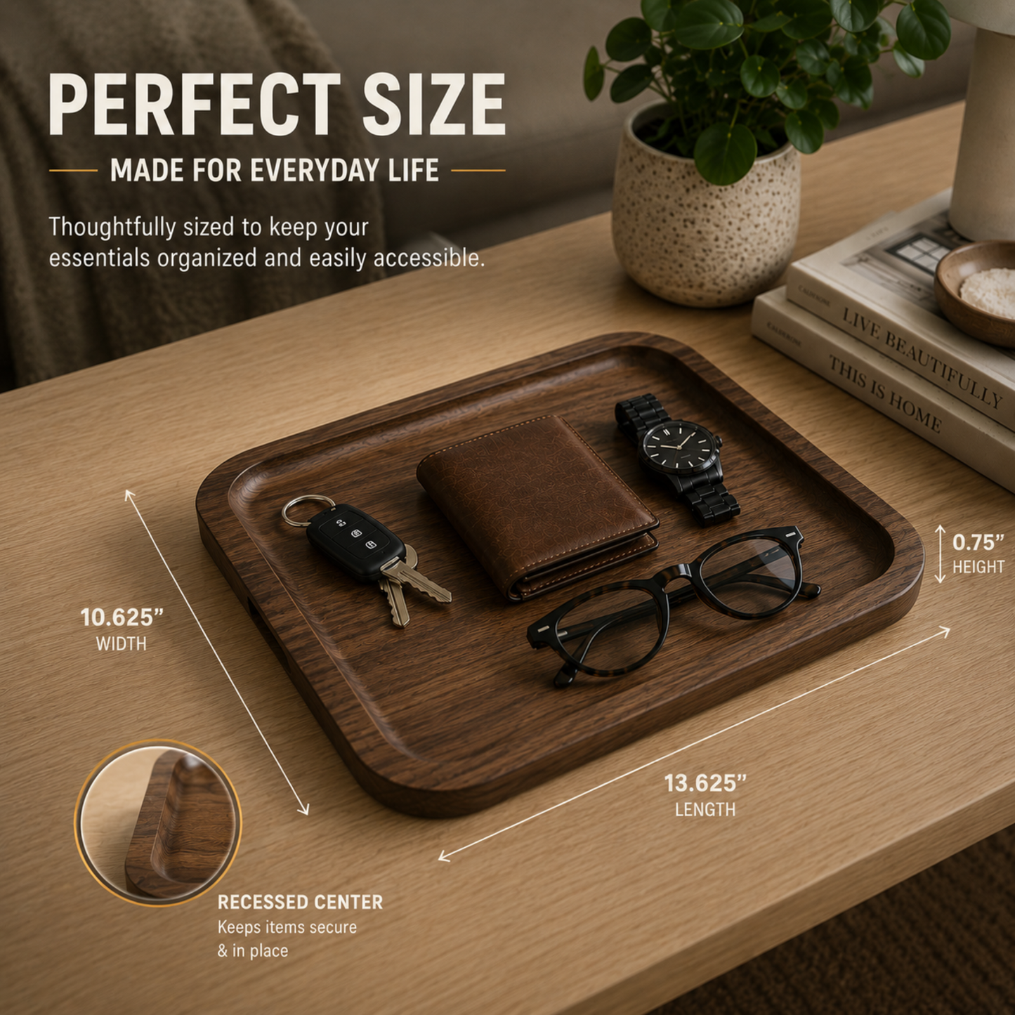Handcrafted Alder & Walnut Wood Tray – Entryway Organizer 13.625"x10.625"