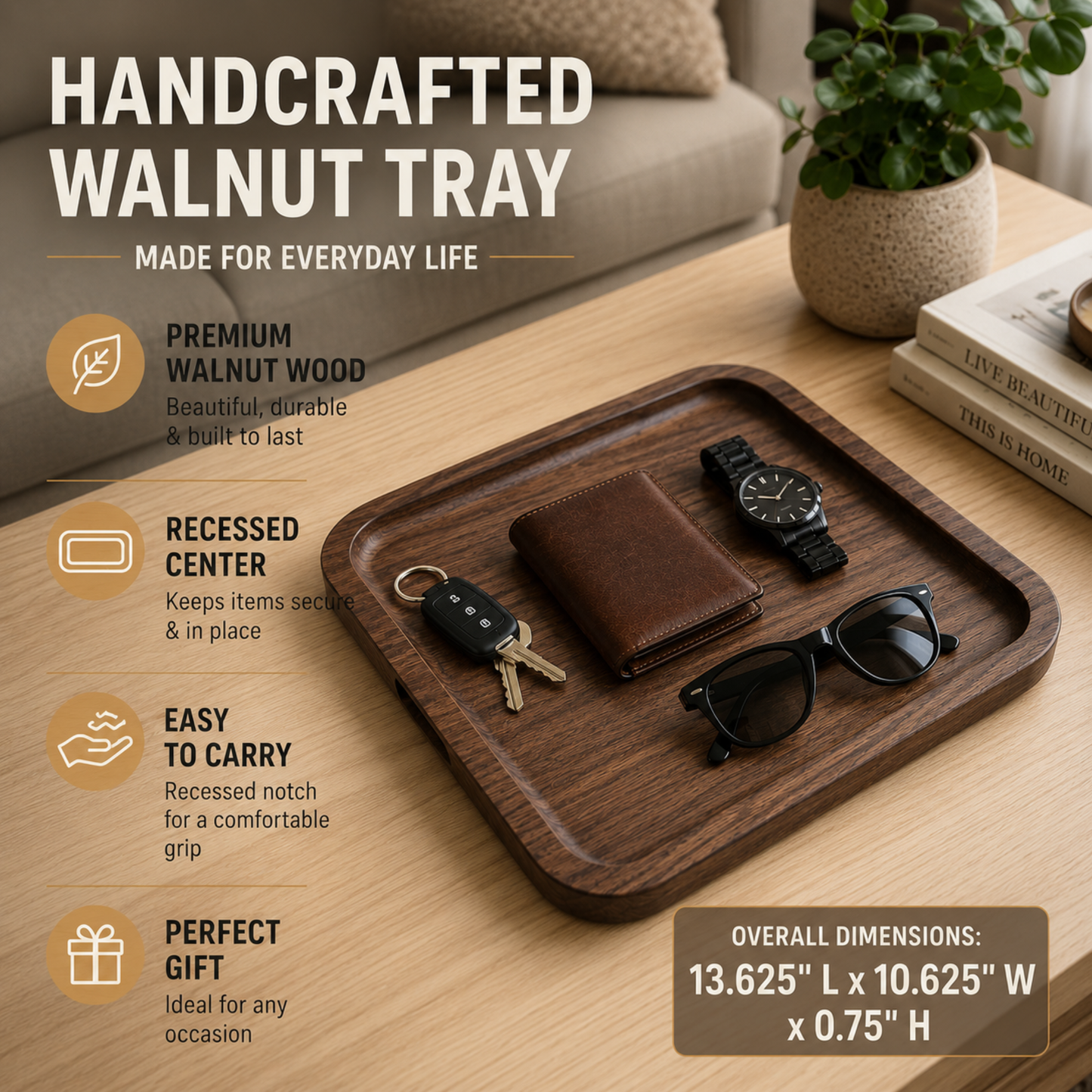 Handcrafted Alder & Walnut Wood Tray – Entryway Organizer 13.625"x10.625"