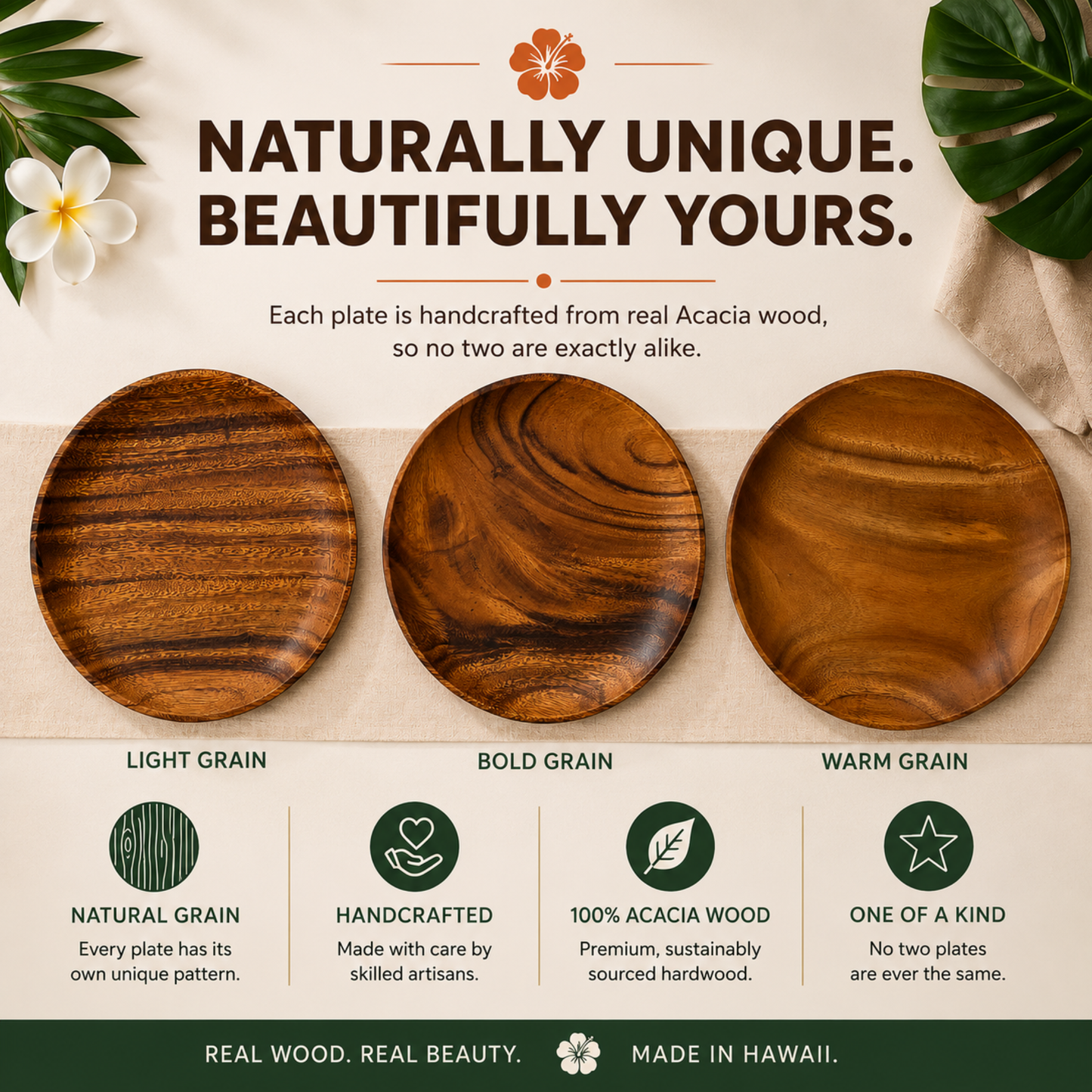 Handcrafted Hawaiian Wooden Dinner Plates - Acacia Wood, Round Wooden Tableware Plate