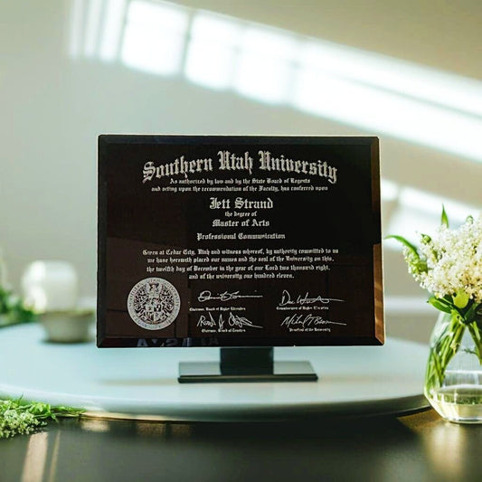 Black Glass Diploma frame, front view in a home
