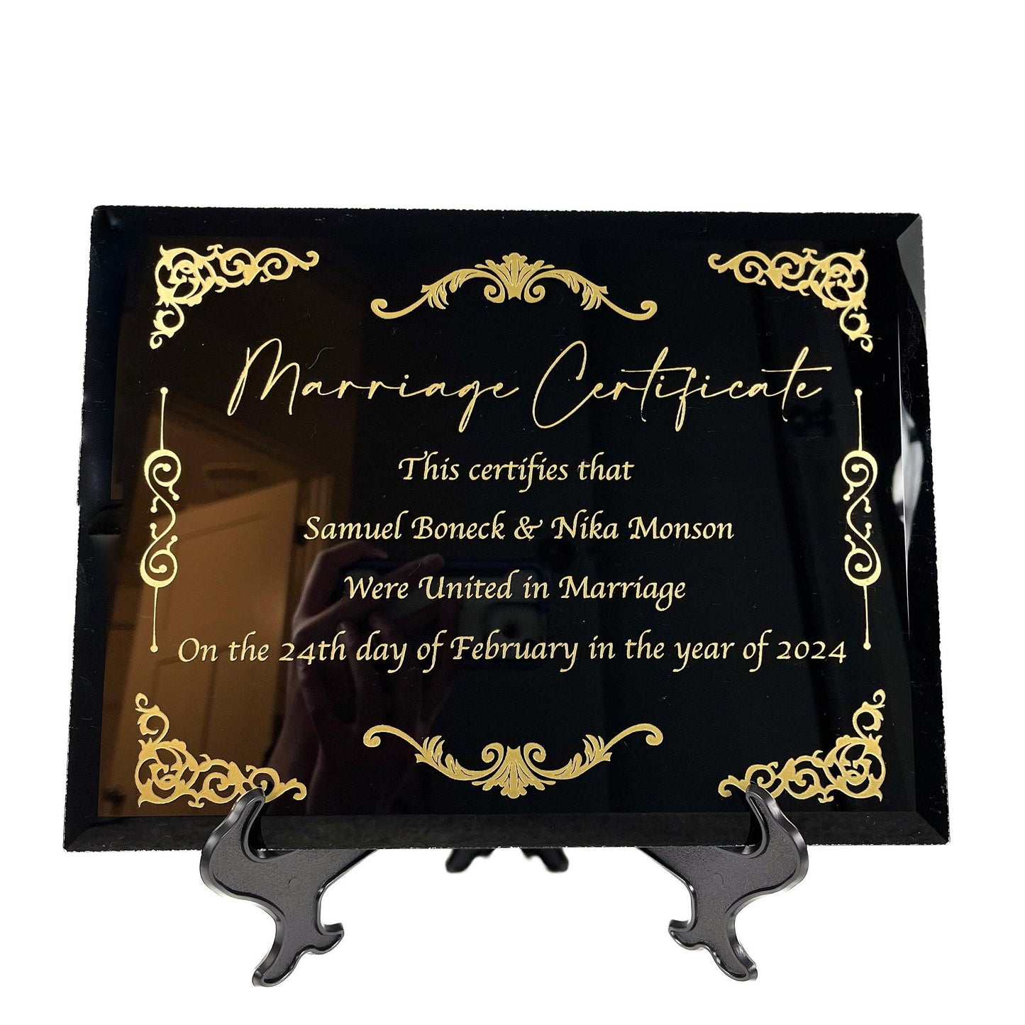 Marriage certificate black glass with gold