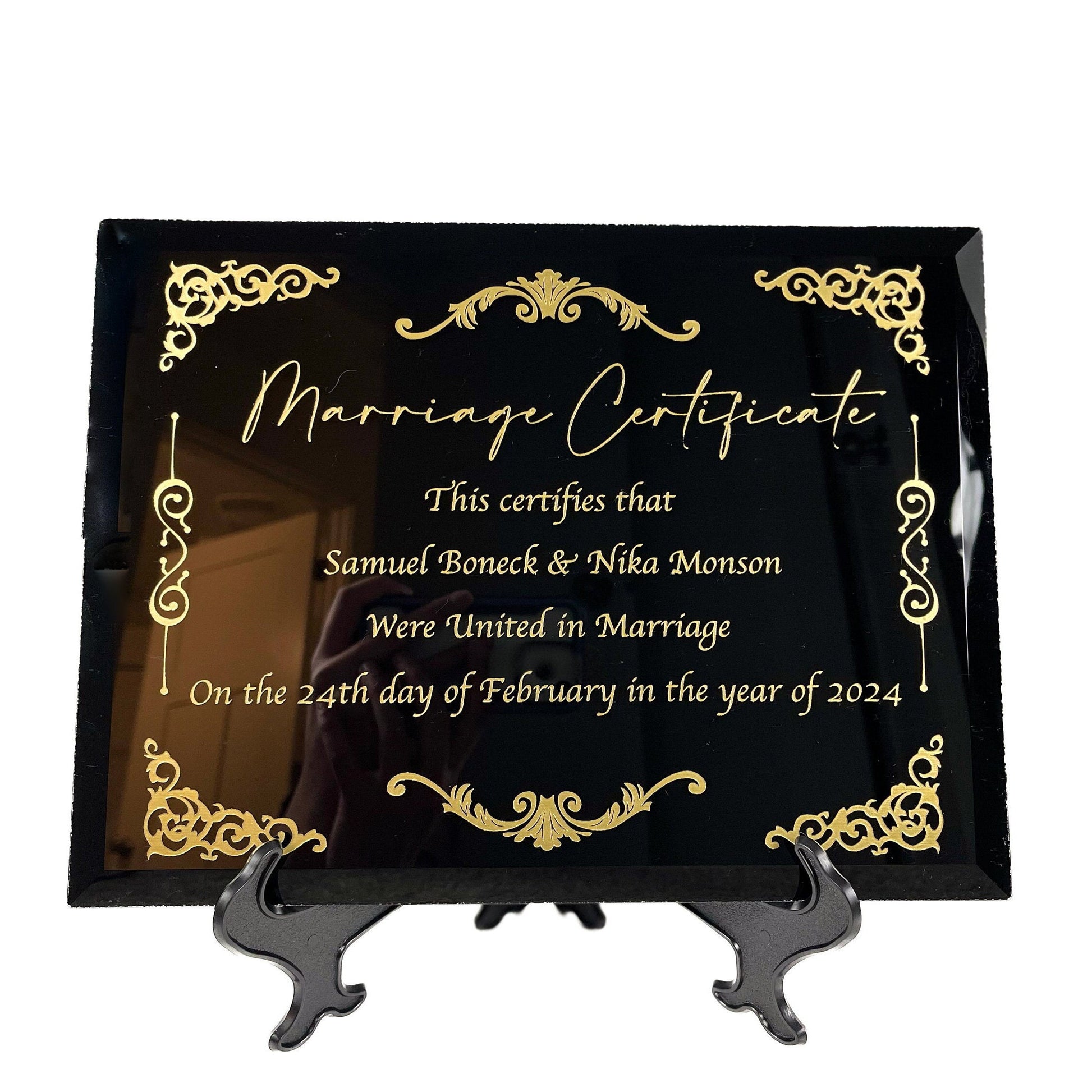 Marriage certificate black glass with gold