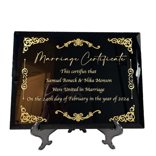 Marriage certificate black glass with gold