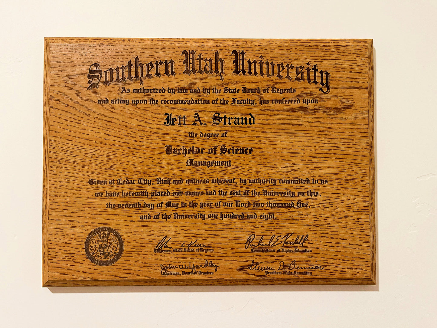 Custom Oak Diploma Plaque, direct front view