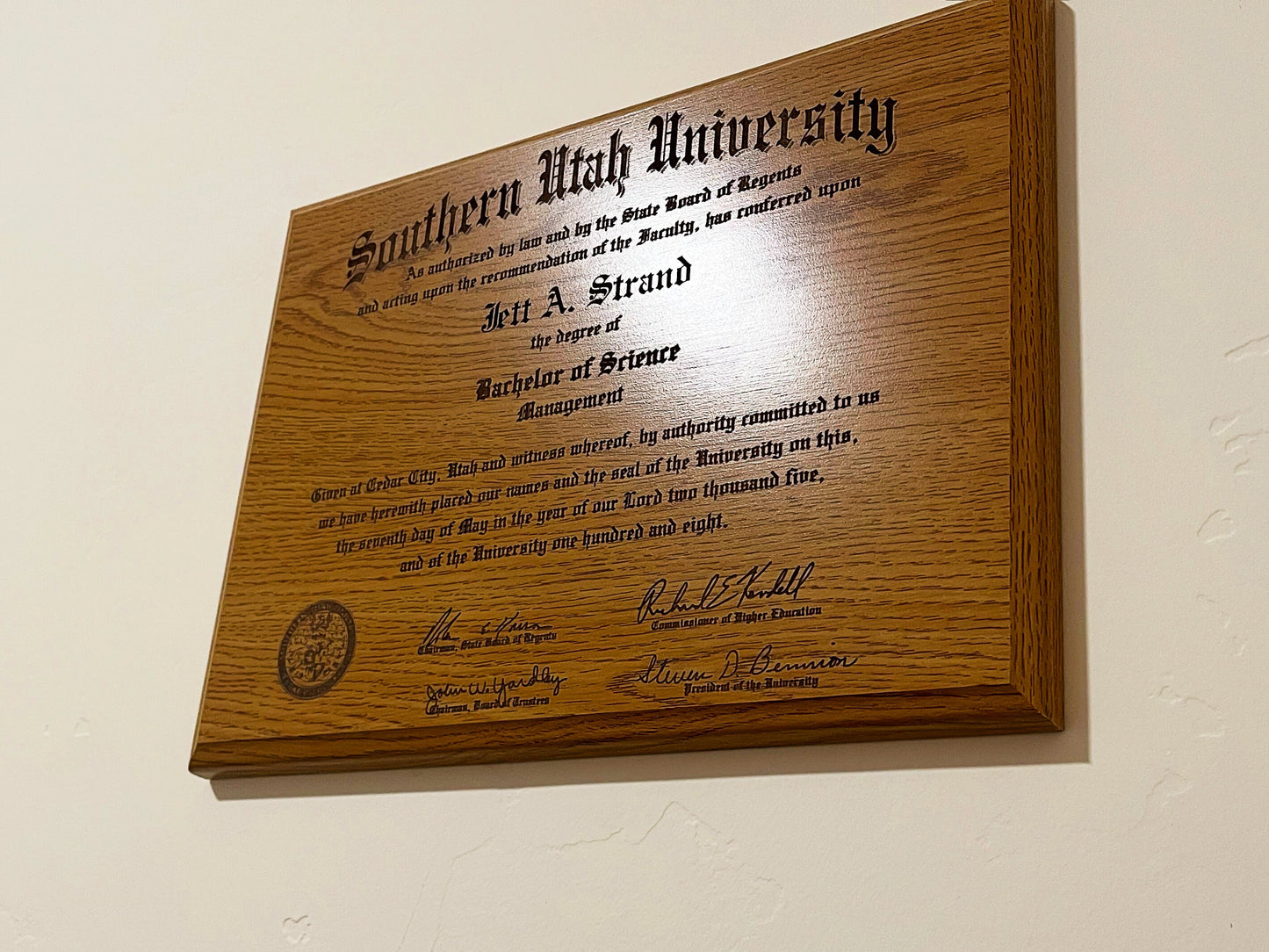 Custom Oak Diploma Plaque, side view angled