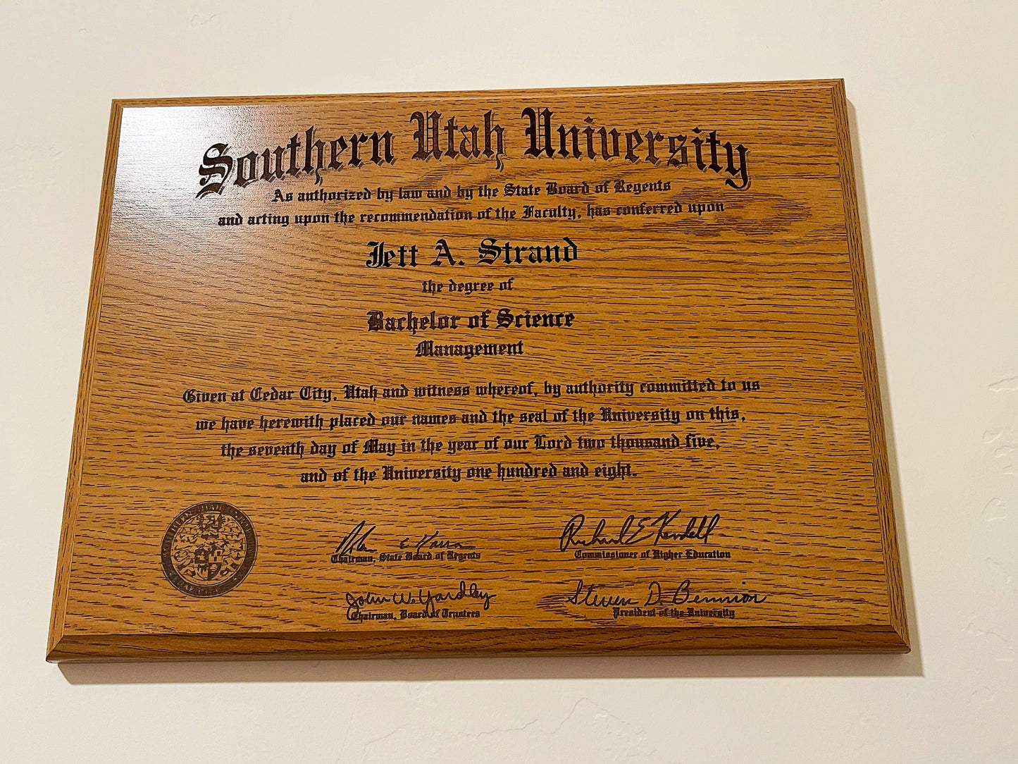 Custom Oak Diploma Plaque, front view