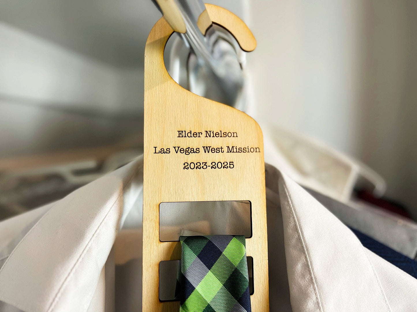 Custom Engraved Tie Hanger, LDS Missionary, Elder Missionary Gifts, Laser Etched Tie Organizer, Farewell Gifts, Homecoming Gifts, Birch Wood