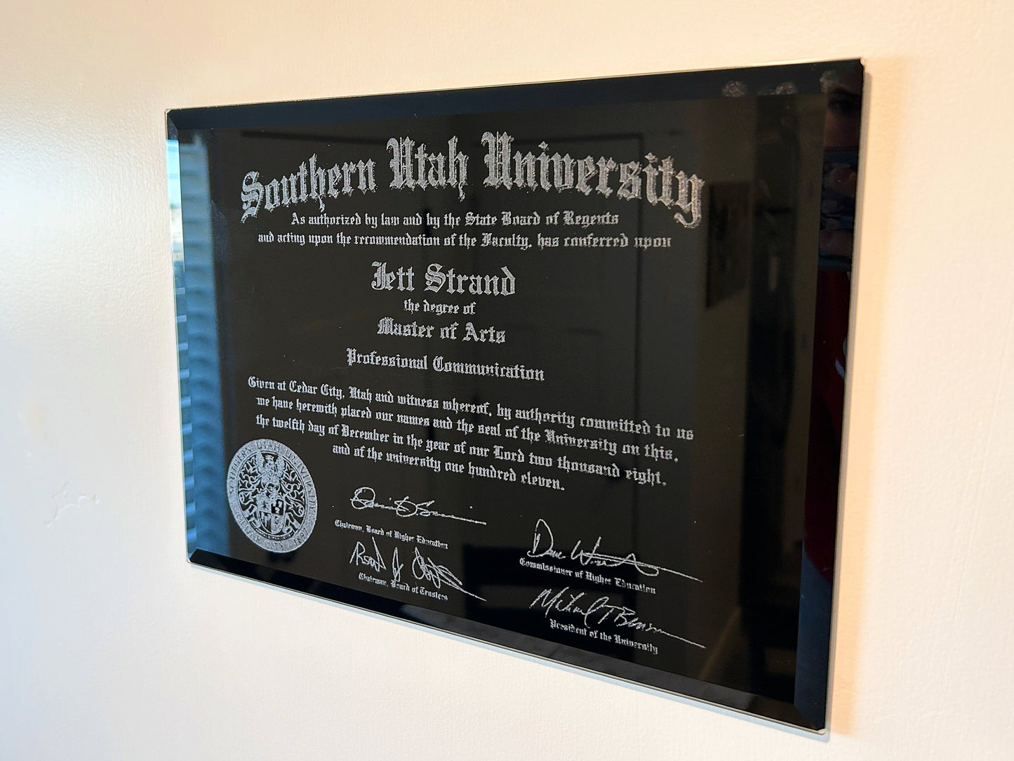 Black Glass Diploma Plaque, side view
