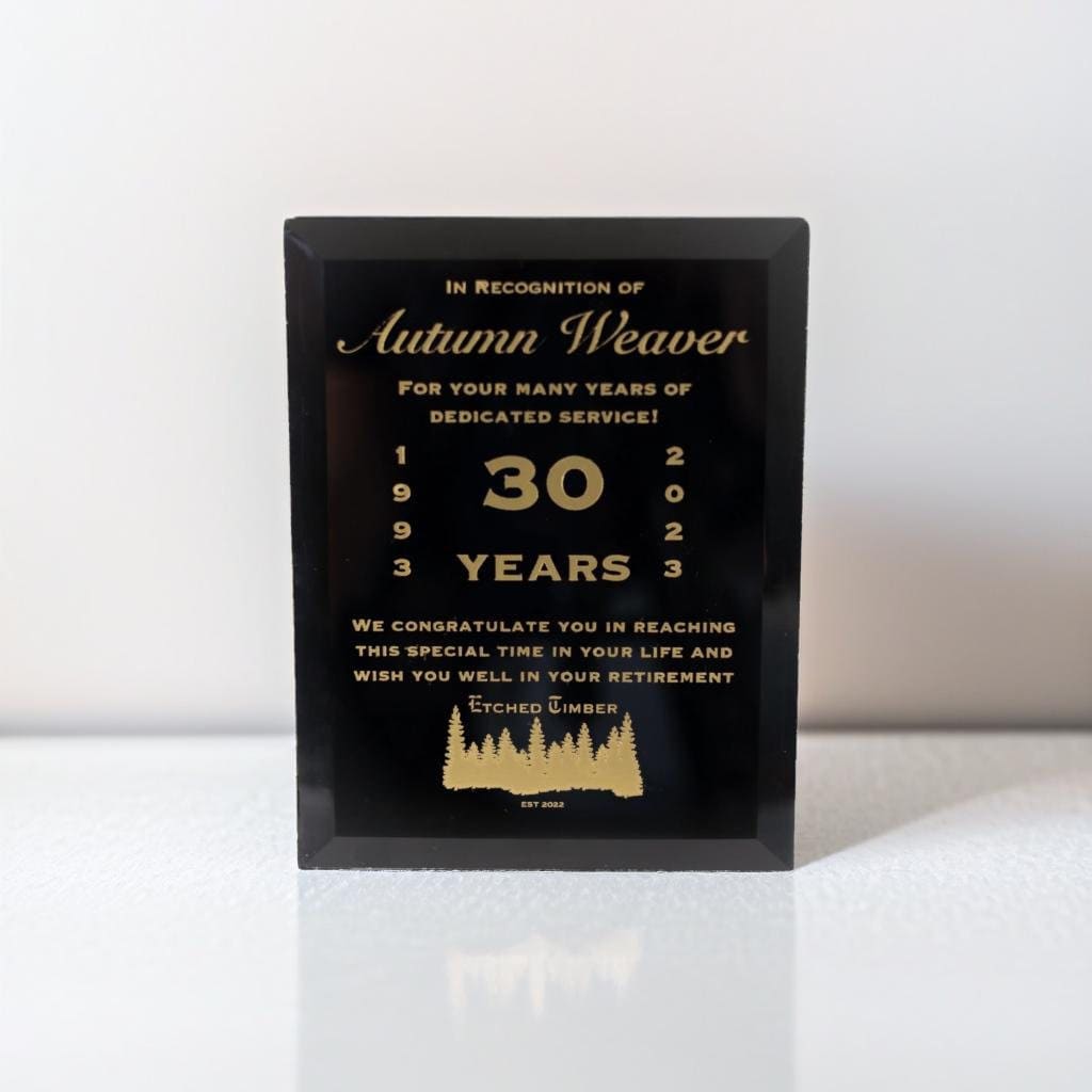 Black Glass Retirement award plaque custom with gold