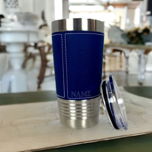 Blue Leather Tumbler Wrap, Corporate Bulk Gifts, 20oz Personalized Mug, Branded Corporate Gifts, Custom Tumblers, Company Logo Gifts