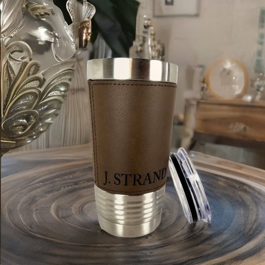 Grey Leather Tumbler Wrap, Corporate Bulk Gifts, 20oz Personalized Mug, Branded Corporate Gifts, Custom Tumblers, Company Logo Gifts