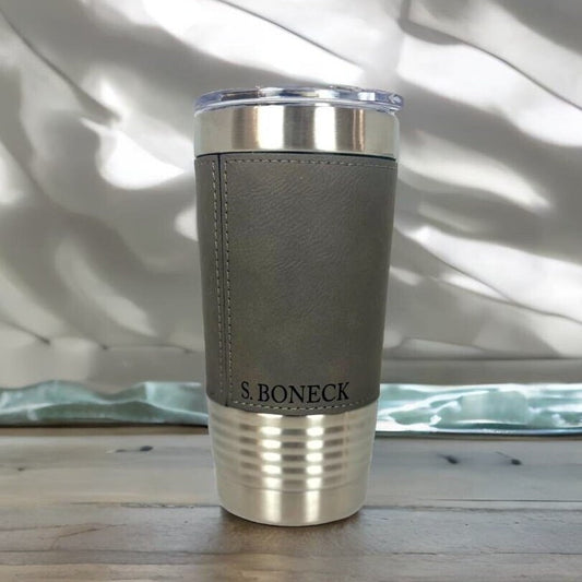 Grey Leather Tumbler Wrap, Corporate Bulk Gifts, 20oz Personalized Mug, Branded Corporate Gifts, Custom Tumblers, Company Logo Gifts