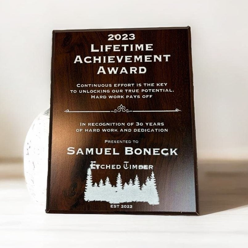dark cherry award plaque with silver writing