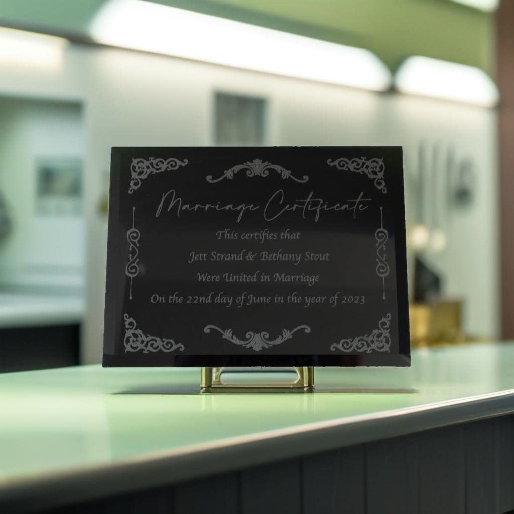 Black Glass Marriage Certificate, Anniversary Gift For Her, Wedding Anniversary Gift For Wife, Wedding Certificate, Marriage License Frame
