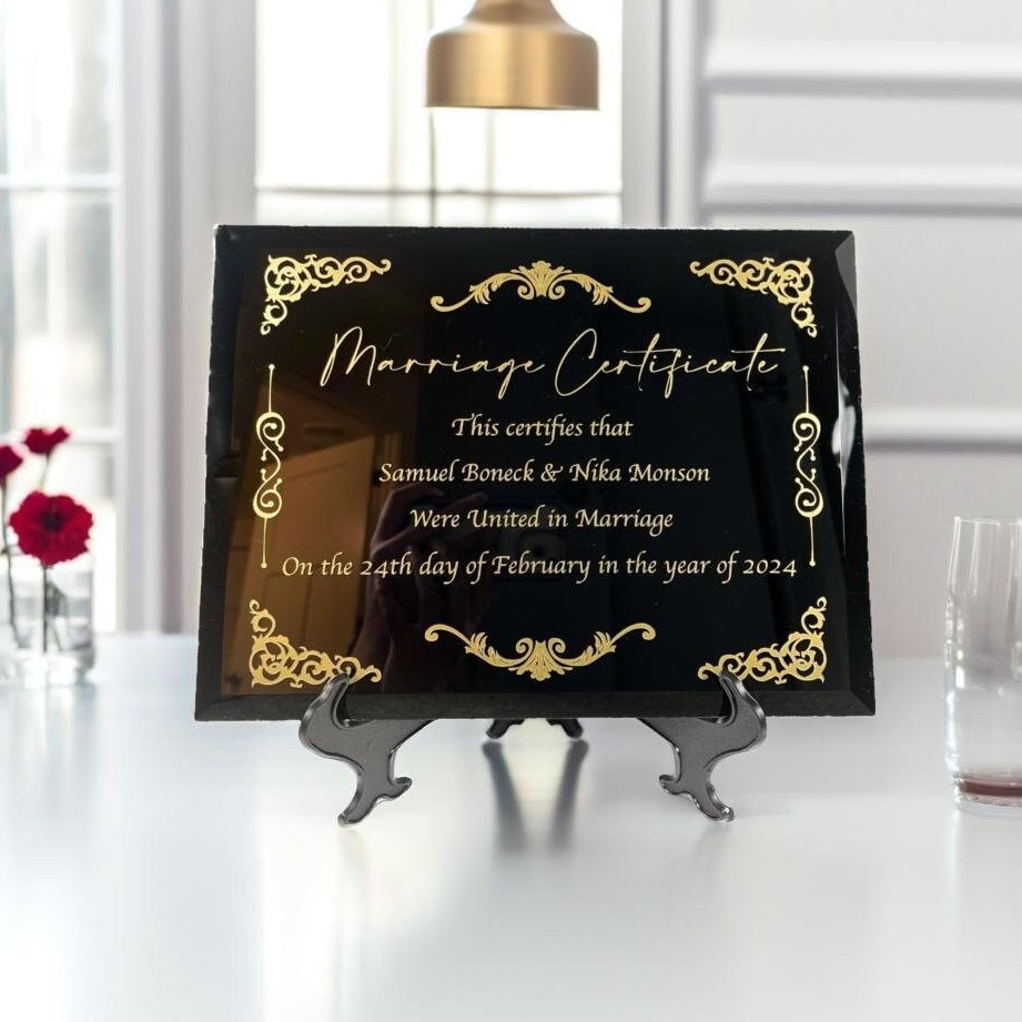 marriage certificate personalized black glass